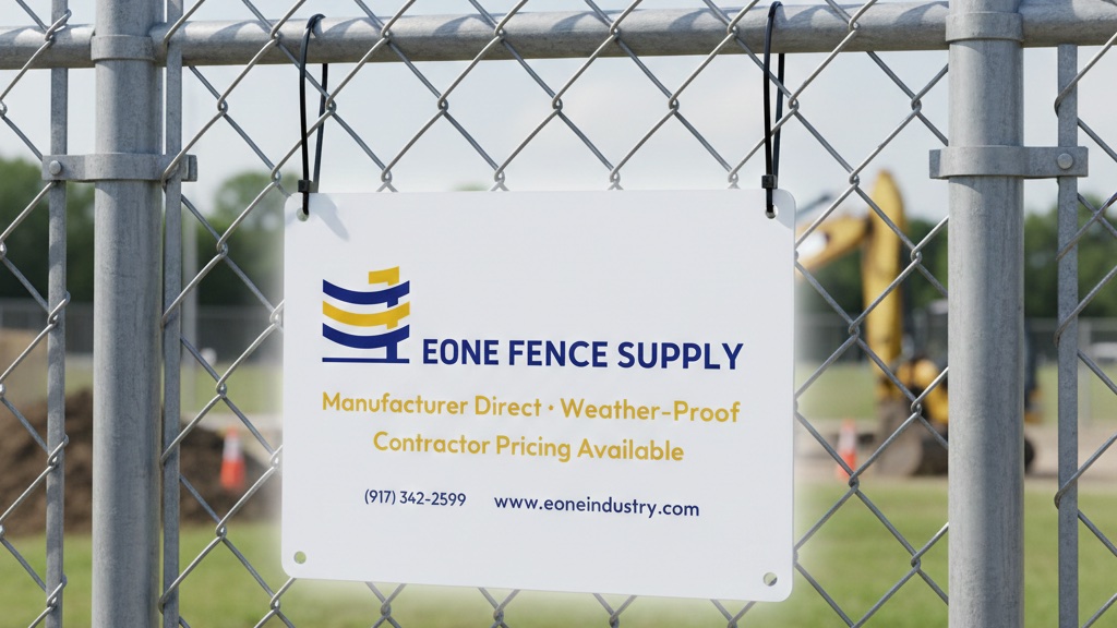 EONE branded aluminum sign mounted on a chain-link fence